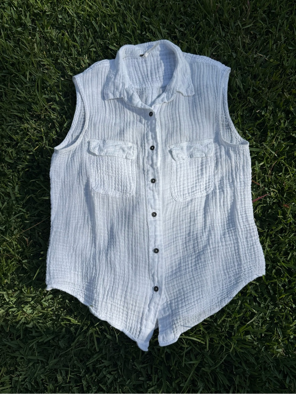 Free People White Sleeveless Gauze Button-Down Shirt